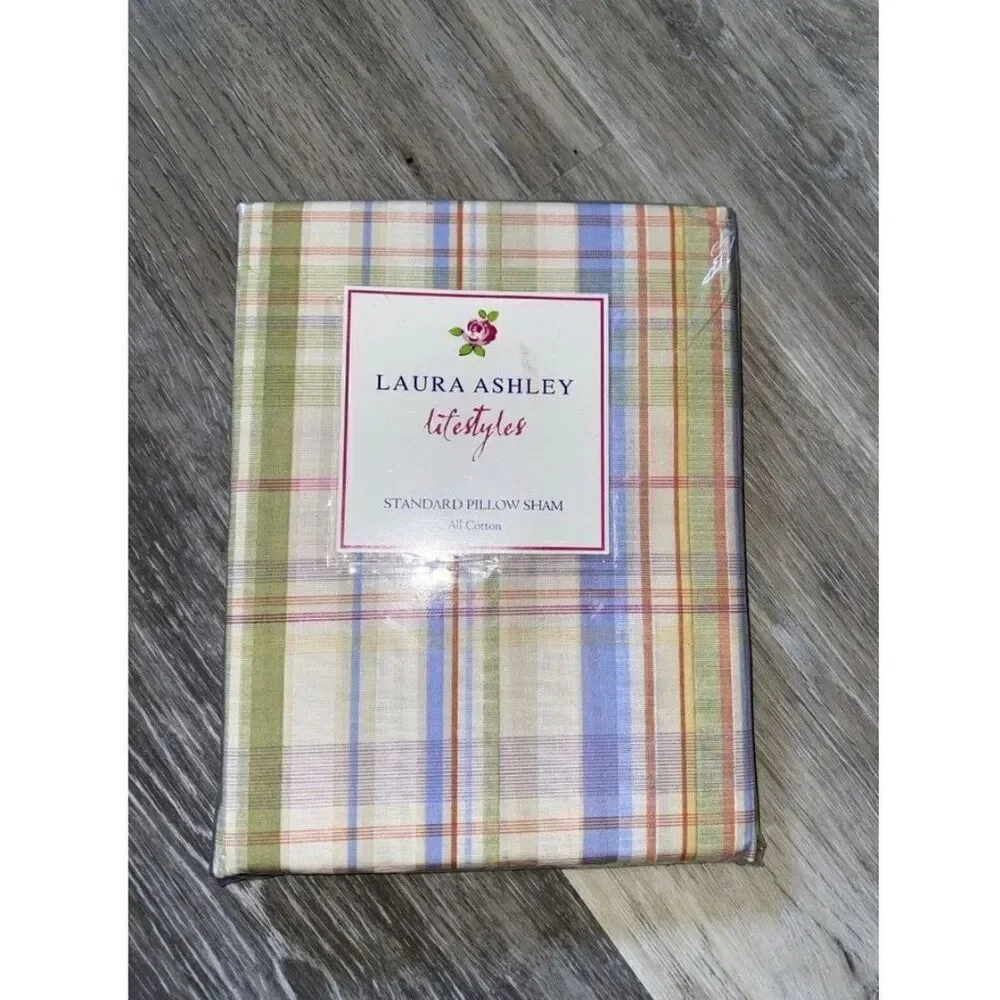 Standard 1 PILLOW SHAM Laura Ashley blue white green PLAID Summer Haven NEW